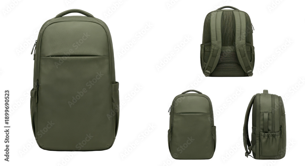 Naklejka premium Collection of modern olive travel bag angles including profile straps and padded back isolated