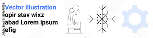 Industry, weather, machinery, efficiency, climate impact, manufacturing processes. Black and blue simple icons including a factory, snowflake and gear. Industry and climate impact