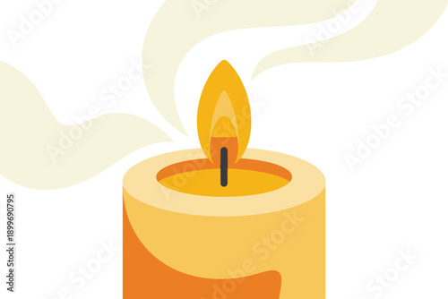 A lit candle with a warm flame and smoke rising upwards slowly
