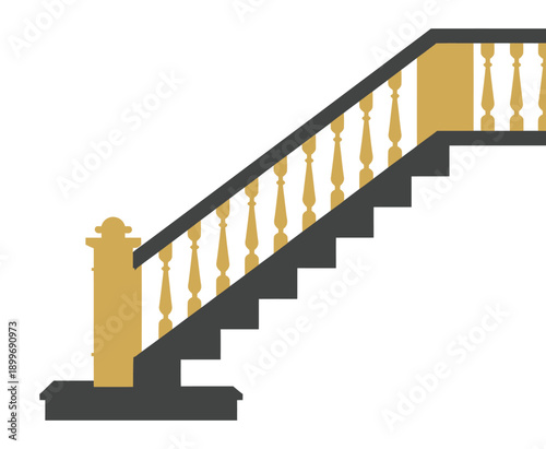 A modern staircase with a sleek gray and gold railing design