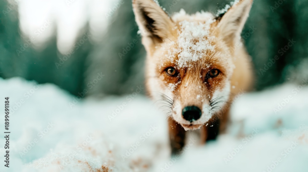 Obraz premium A curious fox explores its snowy environment, capturing the raw beauty of nature in winter, showcasing its striking features as it navigates through the serene white landscape.
