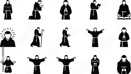 Priest and monk vector icons set praying and preaching with holy halo