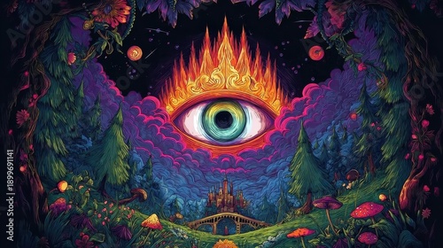 Psychedelic mushrooms and magic tunnel in 3D art, suitable for visionary designs, online content, promotional materials, and creative backdrops. The generative AI ensures unique and mesmerizing patter