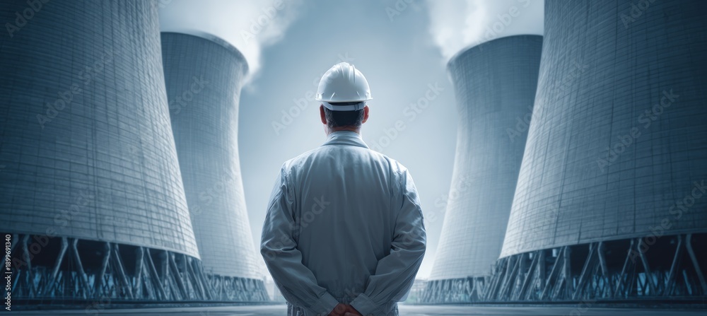 Fototapeta premium Chemist scientist at nuclear power plant cooling tower. Generative AI technology.