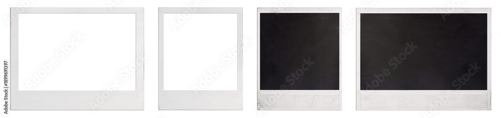 Fototapeta premium A set of close-up empty Polaroid photo frames in two sizes: standard and family photos from both sides. With worn sides. Isolated on a transparent background. With transparent shadow. PNG