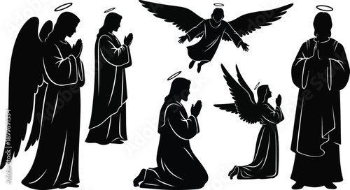 Holy Jesus and angel silhouettes vector collection with wings and halo