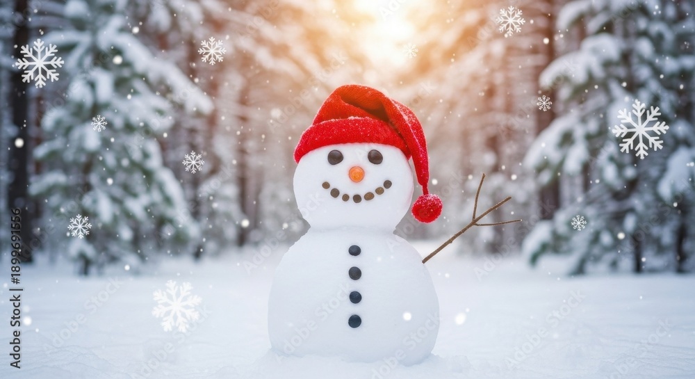 Obraz premium Cheerful snowman in a snowy winter wonderland scene.