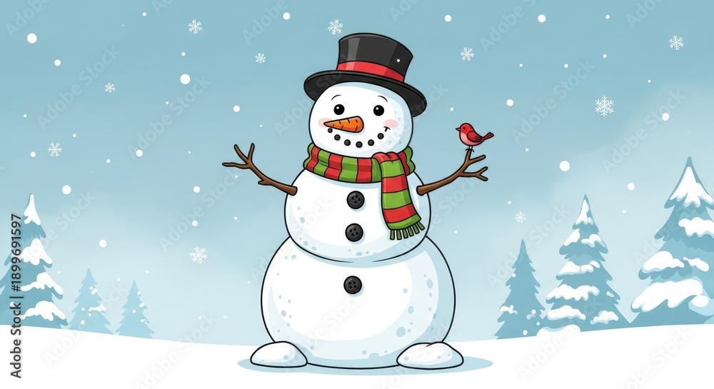 Fototapeta premium Cheerful snowman with a bird in a winter landscape illustration.