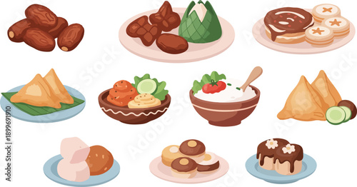 Set of Iftar Food Illustrations for Ramadan, Traditional Snacks, Dates, Samosas, and Desserts Isolated on White Background