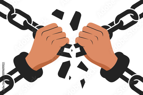 A pair of hands breaking free from heavy metal chains symbolizing freedom