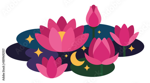 A serene illustration of pink lotus flowers under a starry night sky