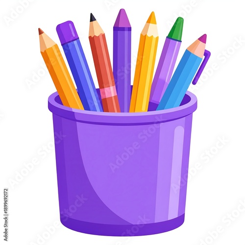Purple cup with colorful pencils, crayons, and pens sticking out, filling with art supplies