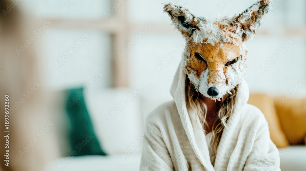 Naklejka premium A figure wearing a whimsical fox mask sits comfortably in a modern living space, blending elements of fantasy and reality against a relaxed home backdrop.