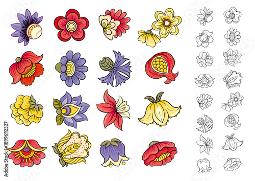 Wallpaper Mural Set of vintage floral elements. Ornate hand-drawn botanical motifs for classic design. Flowers, foliage, stems create refined backgrounds for textile, wallpaper, and heritage projects. Torontodigital.ca