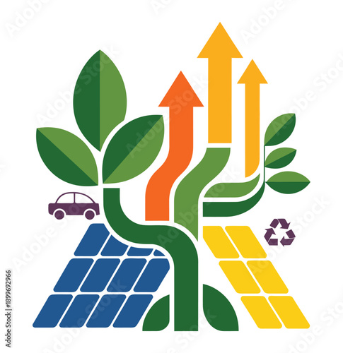 A colorful illustration of a tree growing out of solar panels with a car and recycling symbol nearby