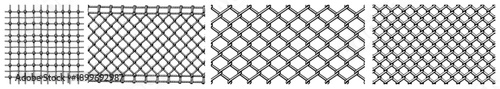 Set of four different metal wire mesh fence patterns in black and white sketch style