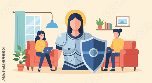 Armored figure with halo shields two people working on laptops in a living room