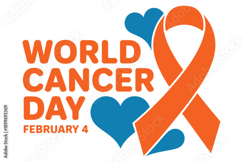 World Cancer Day awareness campaign with orange ribbon and blue hearts