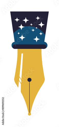 A stylized illustration of a fountain pen nib wearing a starry top hat