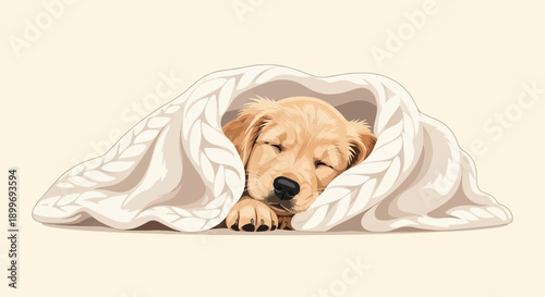 Adorable golden retriever puppy peacefully sleeping under a cozy knitted blanket