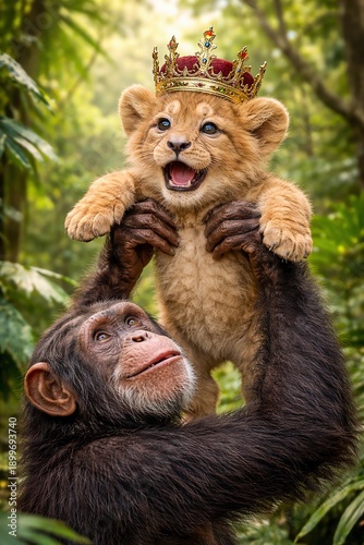 a monkey holding up a baby lion with a king's crown