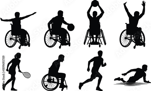 Adaptive sports silhouettes showing wheelchair basketball, tennis, running and field actions isolated background for inclusive athletic training and fitness concept