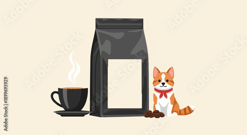 A cute cat sits beside a steaming coffee cup and a bag of beans