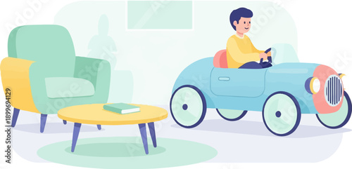 A boy in a toy car sits in a living room next to a chair and table