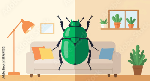 A large green beetle sits on a couch in a room with plants and a lamp