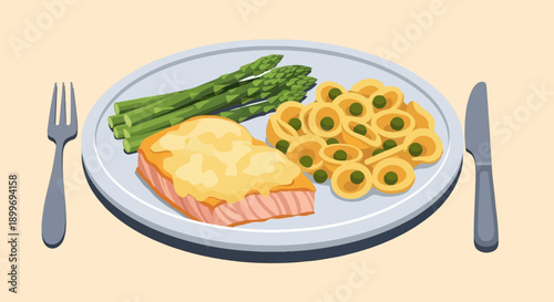 A gourmet meal with salmon, pasta, and asparagus served on a plate