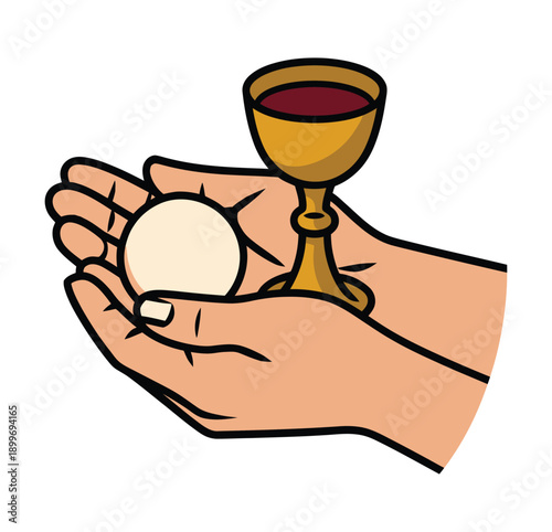 A hand holding a bread and a cup of wine for communion