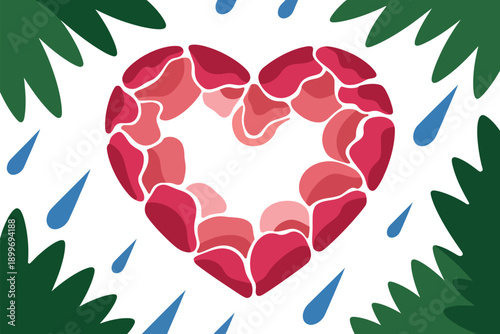 A heart made of petals surrounded by green leaves and raindrops