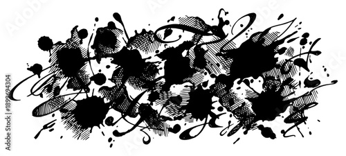Dynamic black ink splash composition with calligraphy strokes and grunge texture