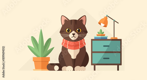 A brown cat with a scarf sits by a plant and a nightstand with a lamp