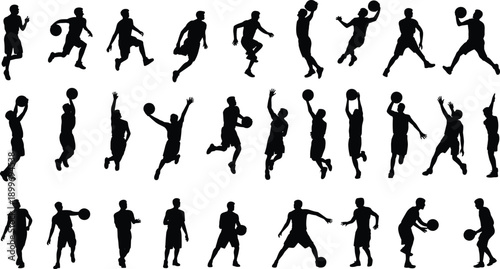 Basketball player silhouette action set showing dribbling shooting passing jumping movement isolated on white background sports training fitness illustration