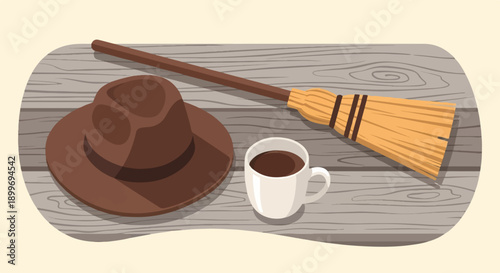 A brown hat and coffee sit on a rustic wooden surface next to a broom