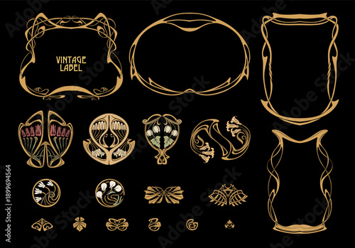 Decorative flowers and leaves in art nouveau style, vintage, old, retro style. Border, frame, template for product label, cosmetic packaging. Easy to edit. Vector illustration.