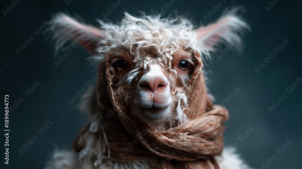 Fototapeta premium A beautifully styled alpaca gazes into the camera wearing a fashionable scarf, capturing the essence of personality and charm in this artistic and creative portrait.