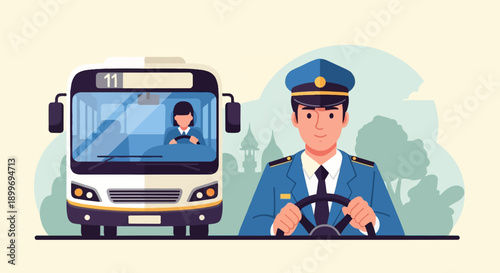 A bus driver and passenger in a stylized flat illustration with simplified trees and buildings