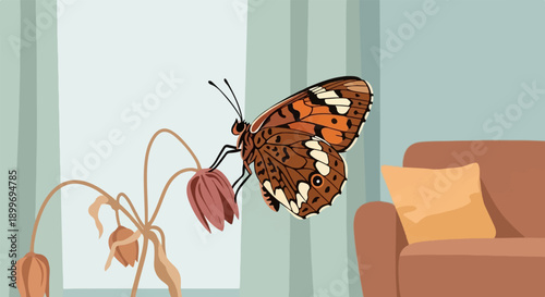A butterfly rests on a dying flower with a sofa in the background