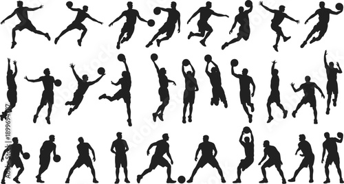 Basketball player silhouette set showing dribbling shooting passing jumping actions isolated on white background sports training competition fitness illustration