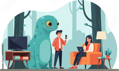A large green lizard observes a man with a phone and woman with a laptop