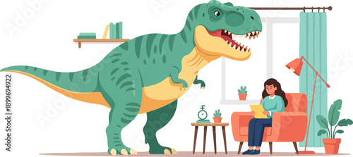 A large green dinosaur invades a cozy living room with a reading woman