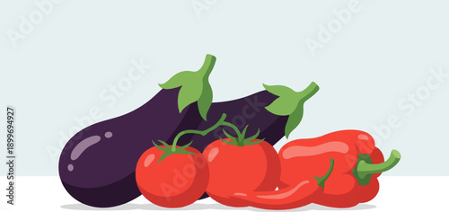 A cluster of ripe red tomatoes, vibrant eggplants, and shiny red peppers