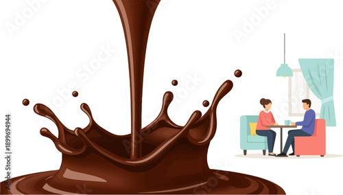 A couple sits in a cafe with a large splash of chocolate