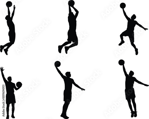 Basketball shooting jumping silhouettes set, athlete sports action poses, training competition concept, dynamic jump shot dunk isolated illustration collection
