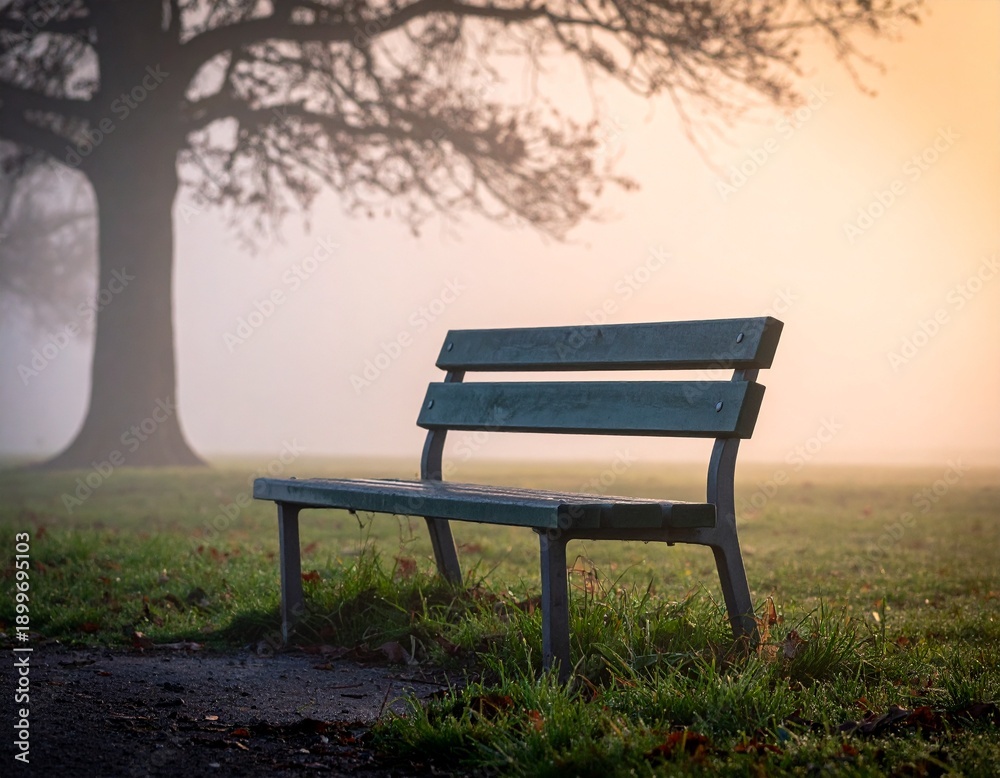 Fototapeta premium Leere Parkbank im Morgendunst