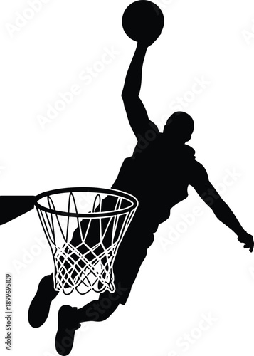Basketball slam dunk silhouette, athlete jumping above hoop, sports action competition concept, dynamic professional basketball player isolated illustration