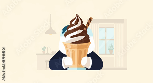 A cartoon character in a suit holds a large chocolate and vanilla swirl ice cream cone
