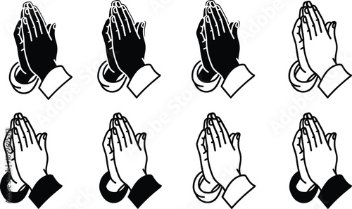 Black and white praying hands illustration set, diverse skin tones, religious gesture symbol, spirituality icon collection isolated background vector artwork